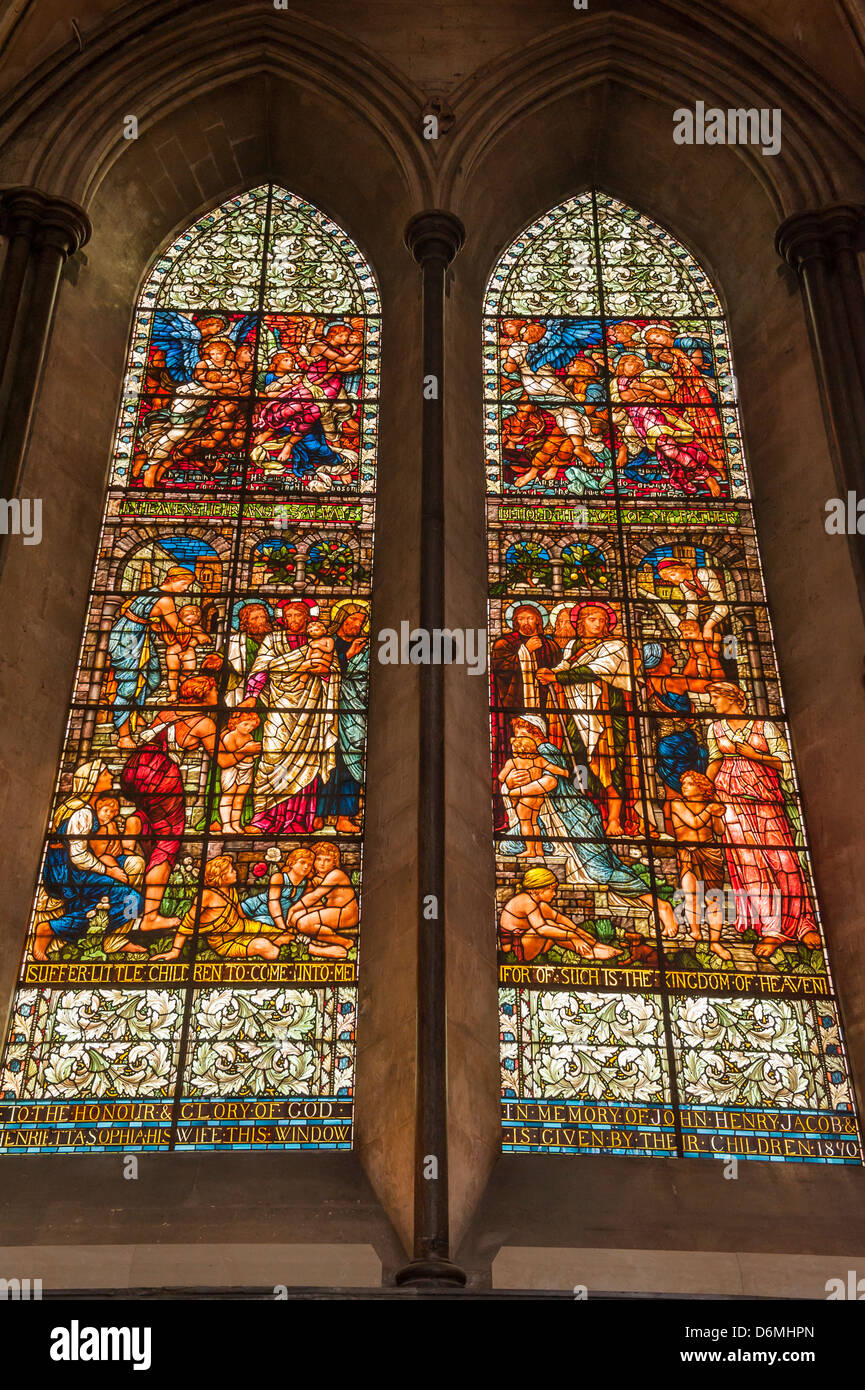 A stained glass window inside Salisbury Cathedral in Salisbury