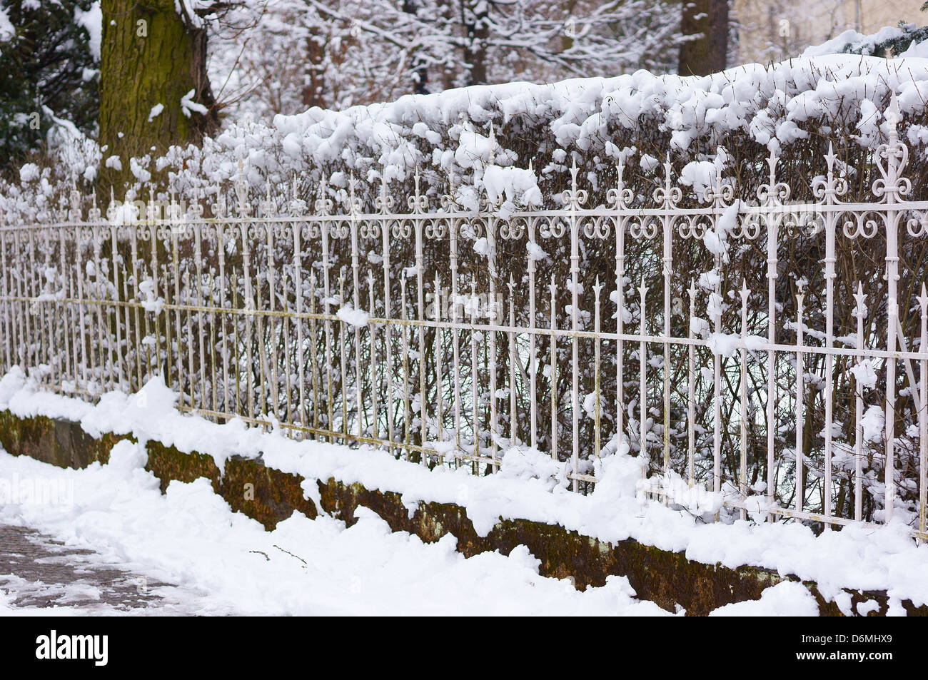 Snow covered old iron fence Stock Photo - Alamy