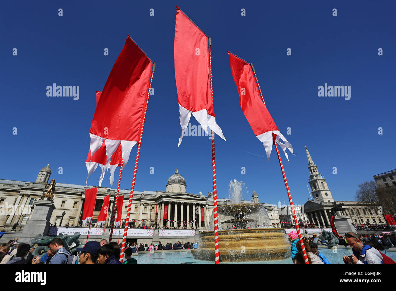 Red and White flags and bunting for St. Day Celebrations in Trafalgar Square, London