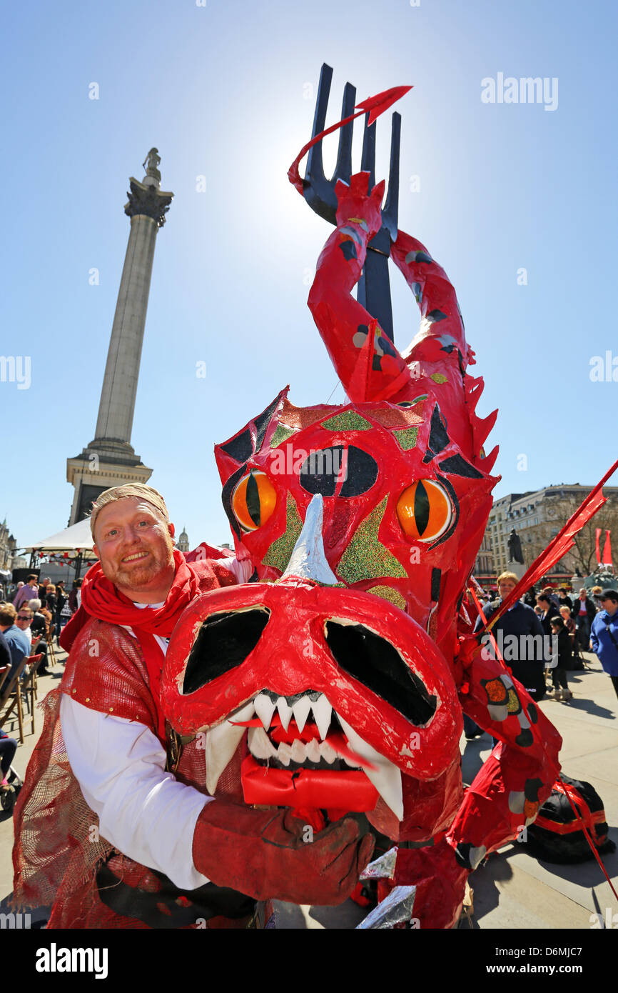London, UK. 20th April 2013. A model red dragon for St. George's Day Celebrations in Trafalgar Square, London Stock Photo