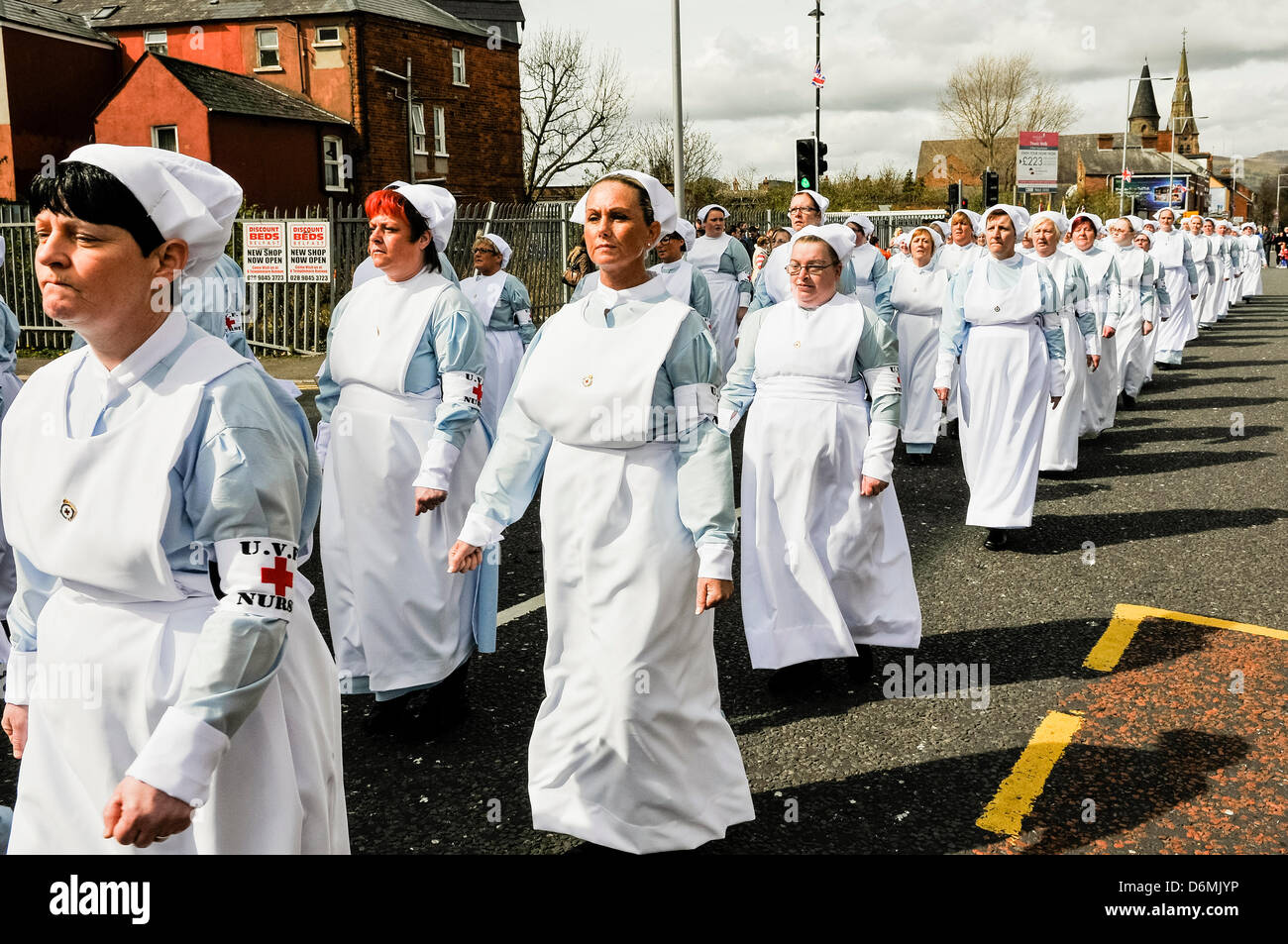 Belfast, Northern Ireland.  20th April, 2013. Women dressed as nurses from 1913 take part in the centenary parade for the founding of the UVF in 1913 Credit: Stepehn Barnes/Alamy Live News Stock Photo