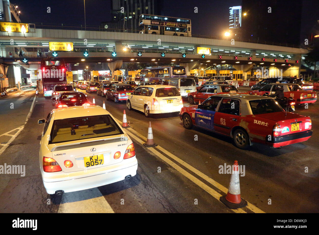 Hong Kong, China, traffic jam at the toll plaza of the CrossHarbour