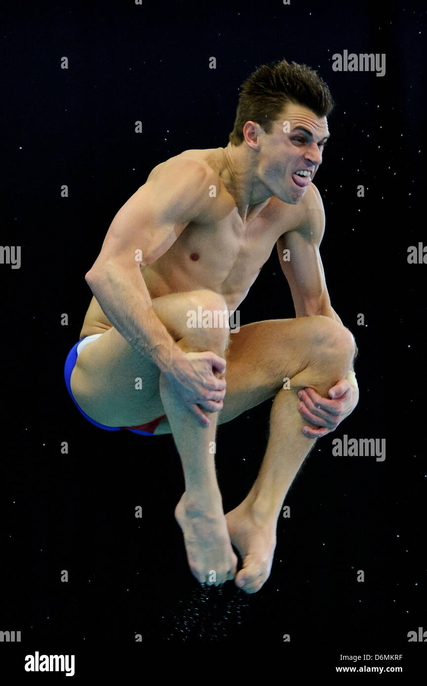 Edinburgh, UK. 20th April, 2013.  Troy Dumais of America (USA) in action during the Mens 3m Springboard Semifinals on Day 2 of the FINA/Midea Diving World Series 2013 at the Royal Commonwealth Pool in Edinburgh. Stock Photo