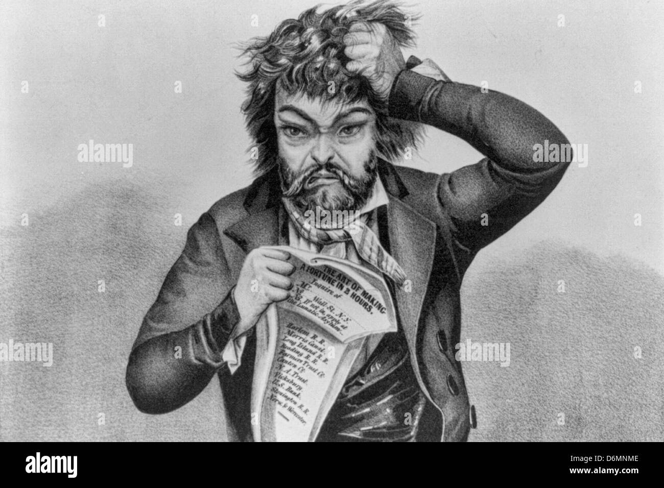 Stocks down - Crazy looking man pulling at his hair when the market goes down, Irca 1849 Stock Photo