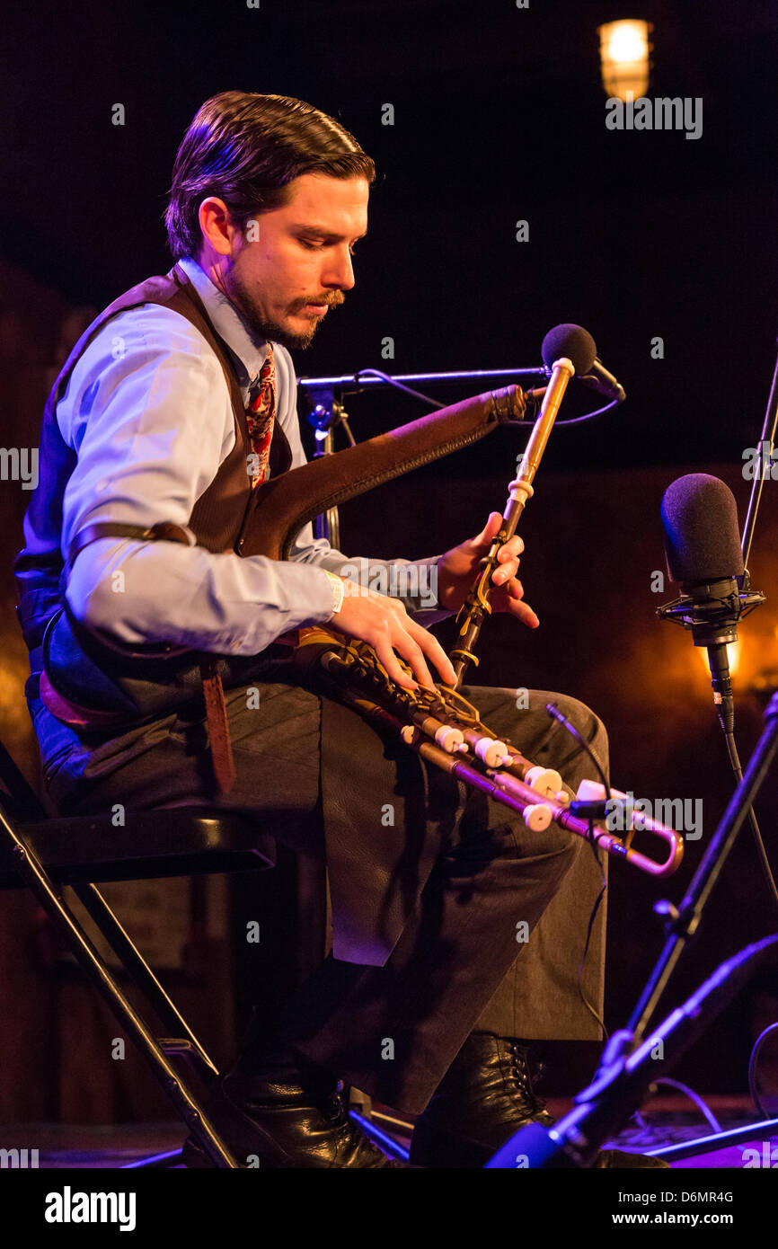 Brooklyn, US, 19 April 2013. Joey Arbata plays the uilleann pipes, the