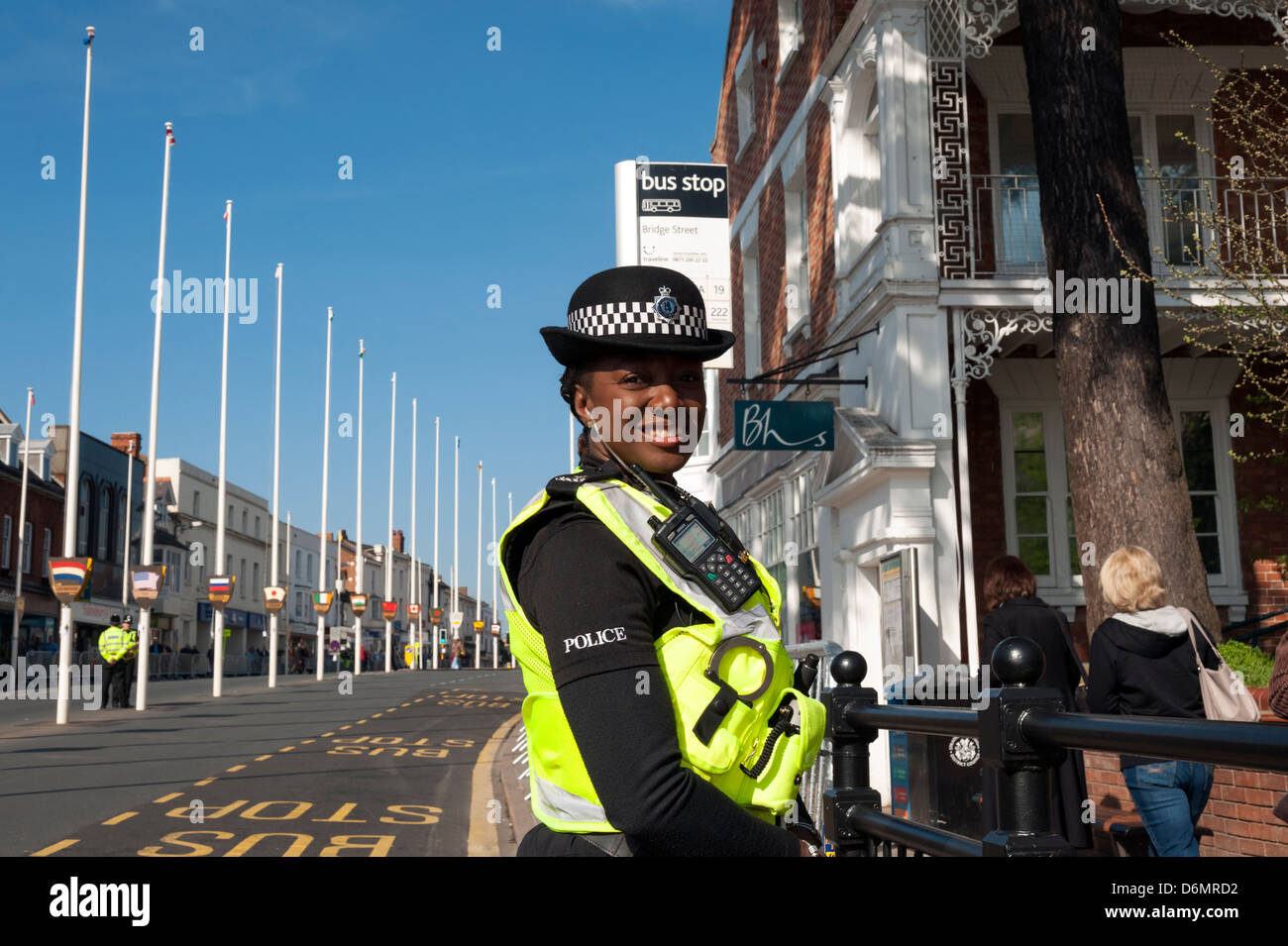 William Shakespeare birthday celebrations in Stratford upon Avon, UK. Black police woman on duty. Stock Photo