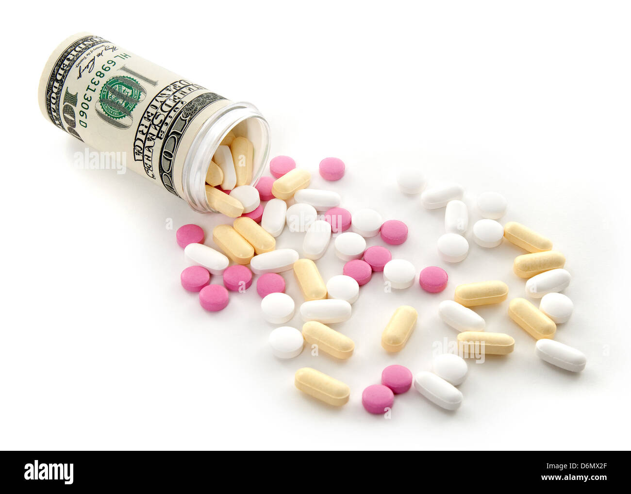 Colorful pills spilled from a bottle made of money, on white background  Stock Photo - Alamy
