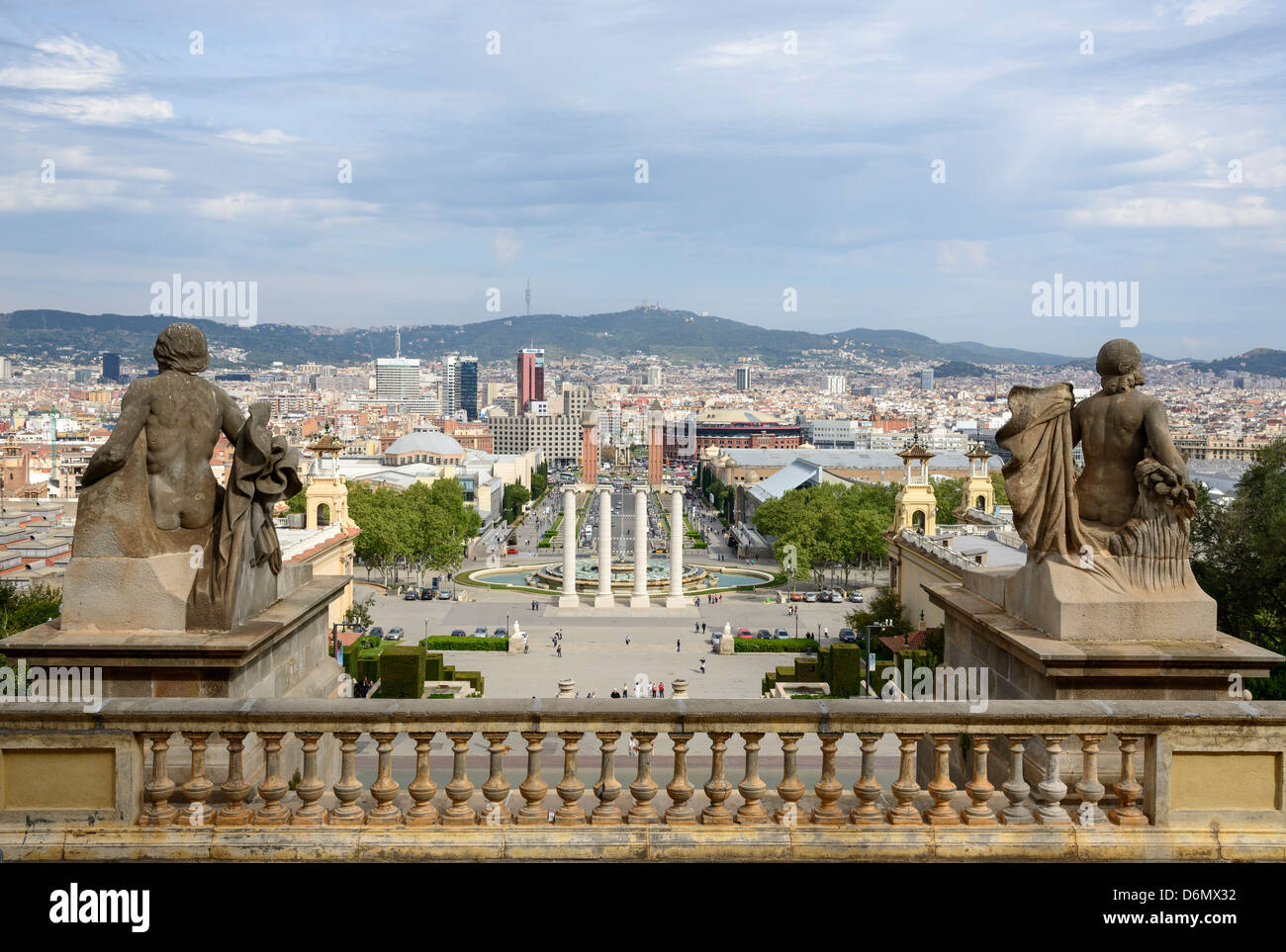 Panoramic view of Plaza de España (Barcelona) from the Museum of Arts. View of the sculptures of the Palace in front. Stock Photo