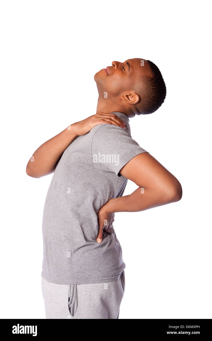 Man with ports injury in back, neck and shoulder pain, tilting head backwards, isolated Stock