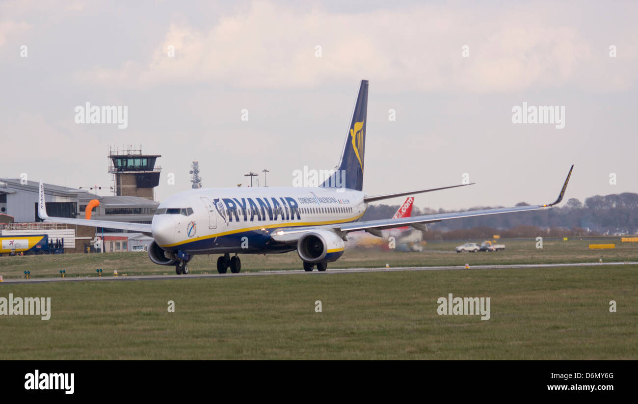 Ryan Air Passenger aircraft landing at Leeds Bradford international airport in Leeds, West Yorkshire Stock Photo