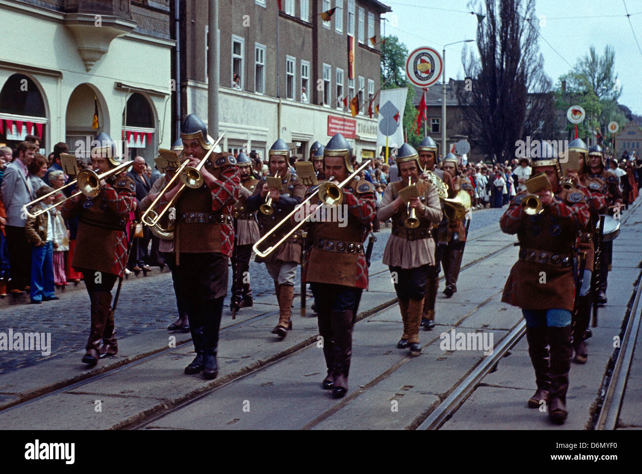 Gotha, GDR, Marching Band at the parade to 1200th anniversary of the city of Gotha Stock Photo