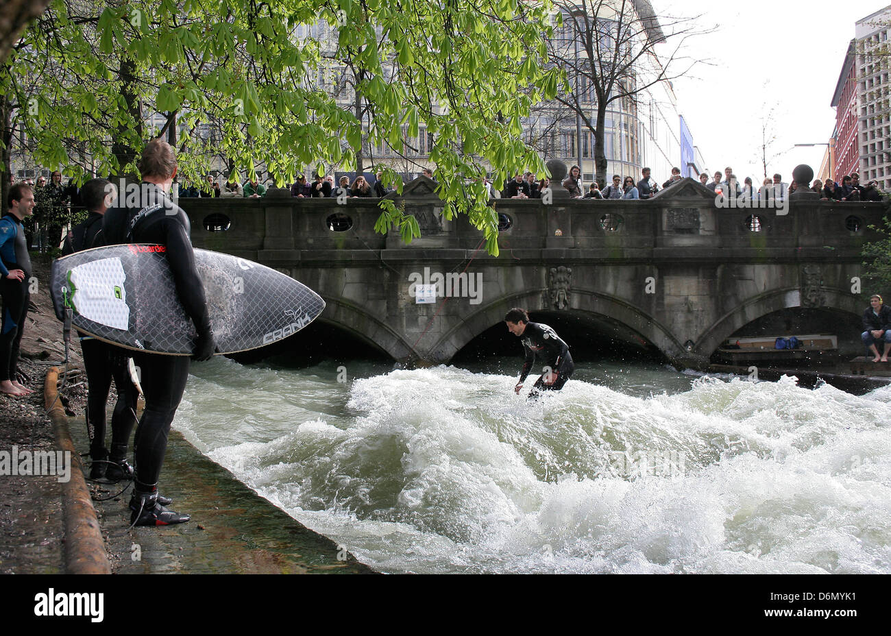 Munich, Germany, surfers in the English Garden in Rein Stock Photo