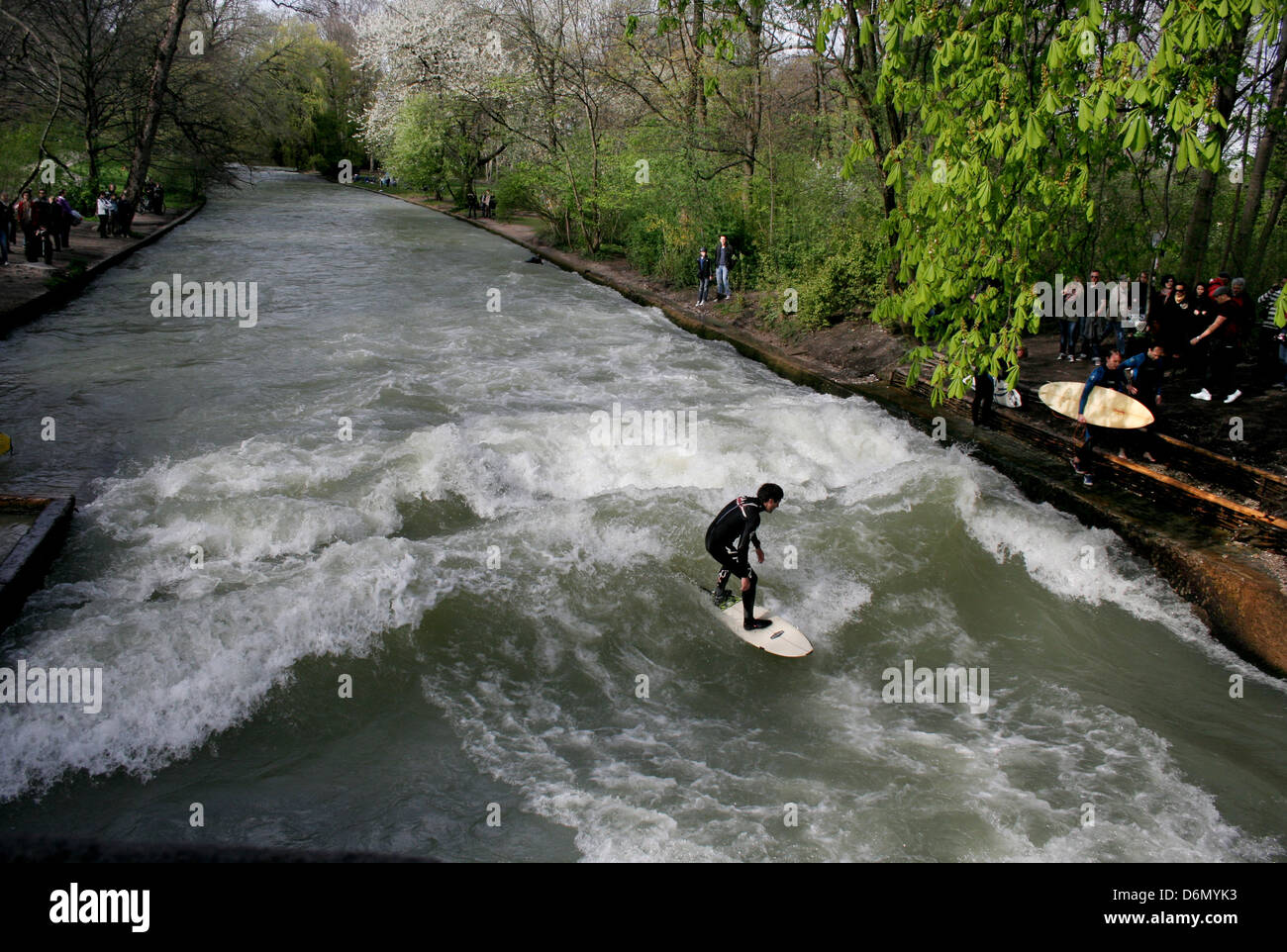 Munich, Germany, surfers in the English Garden in Rein Stock Photo