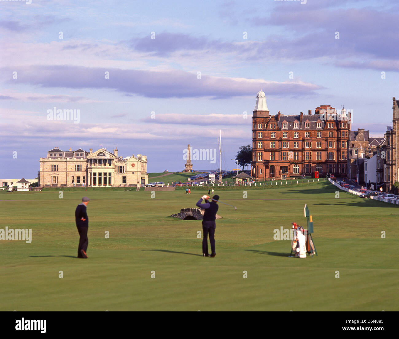 Clubhouse and 18th hole at The Old Course at St Andrews, St Andrews, Fife, Scotland, United Kingdom Stock Photo