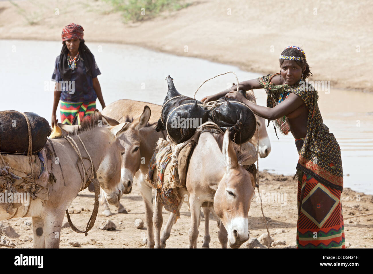 Semera, Ethiopia, nomads fetching water at a water point Stock Photo