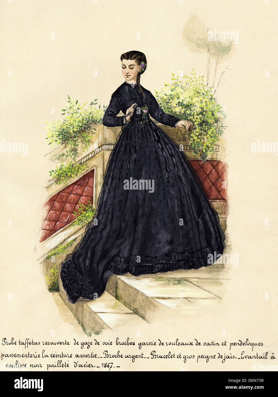 French fashion from the Victorian era dated 1867. Original watercolour painting with description of design in French language artist unknown Stock Photo