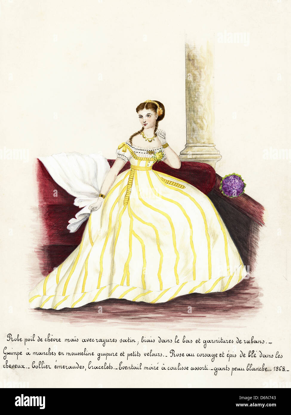 French fashion from the Victorian era dated 1868. Original watercolour painting with description of design in French language artist unknown Stock Photo