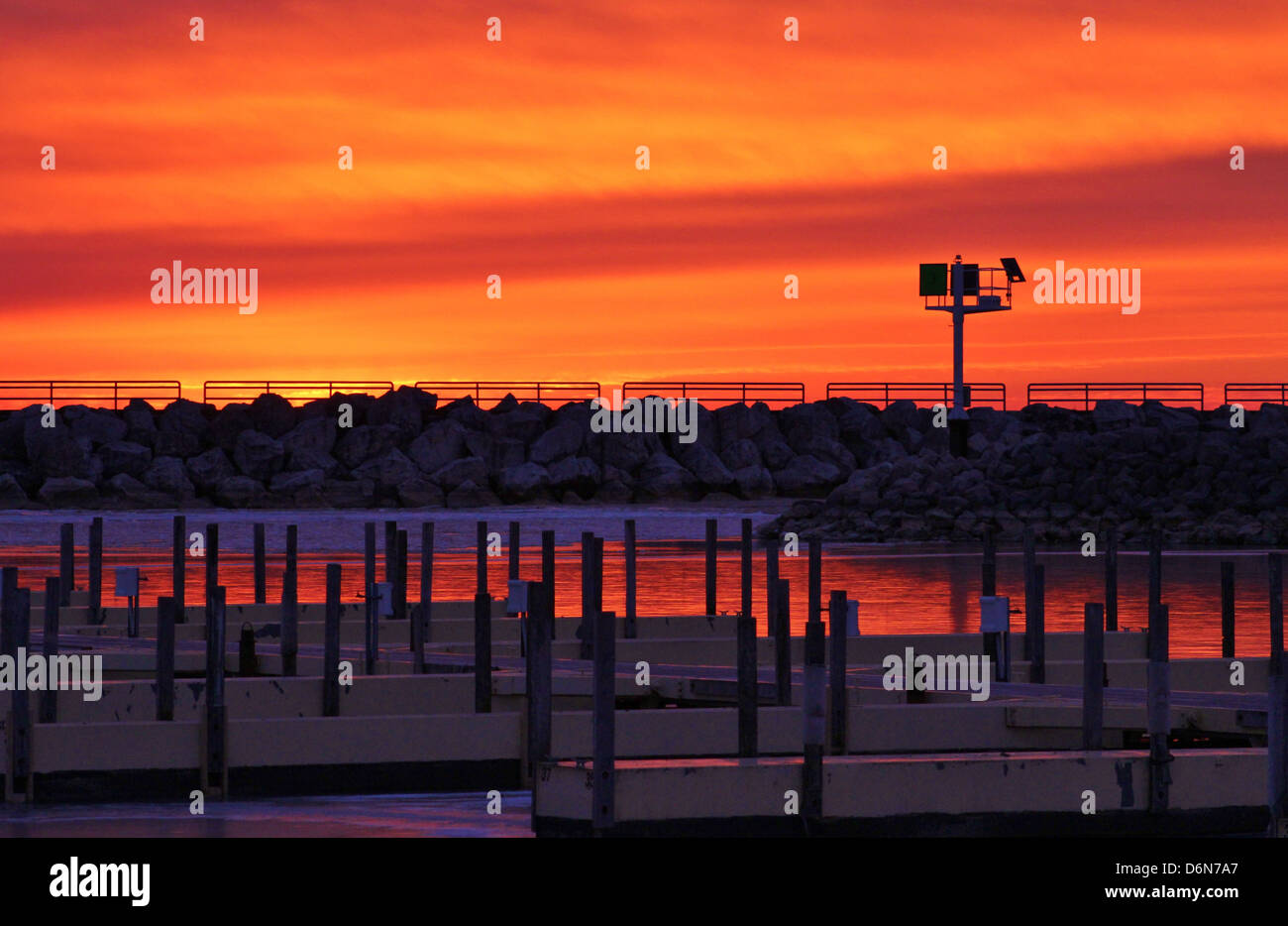 Red dawn at the marina Stock Photo