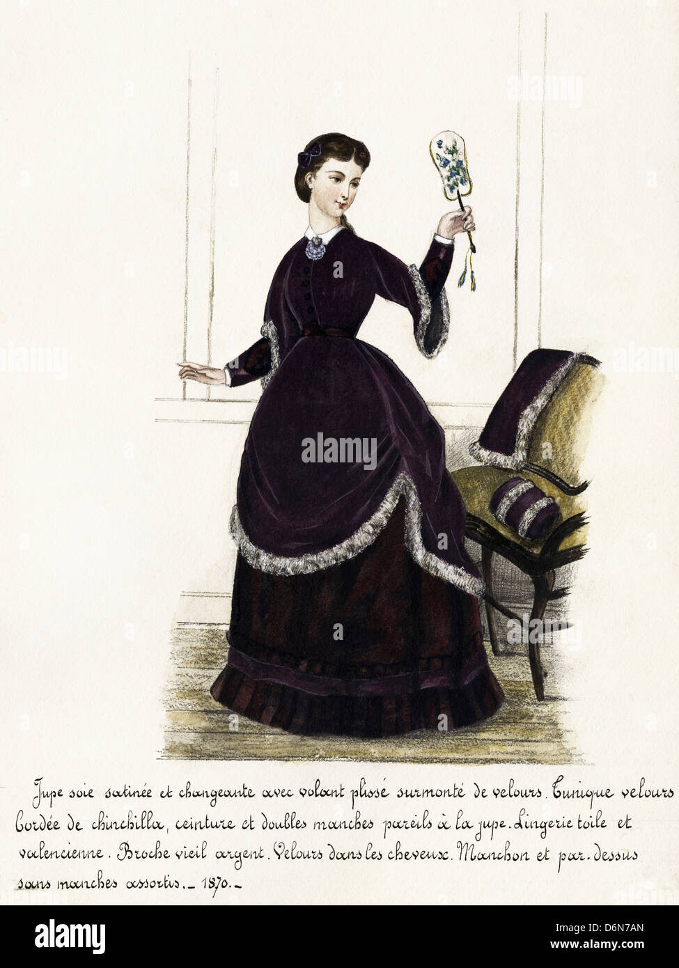 French fashion from the Victorian era dated 1870. Original watercolour  painting with description of design in French language artist unknown Stock  Photo - Alamy