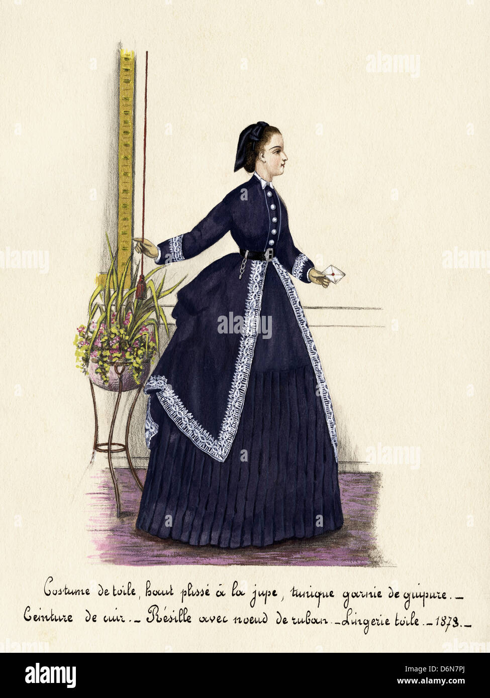 French fashion from the Victorian era dated 1873. Original watercolour painting with description of design in French language artist unknown Stock Photo