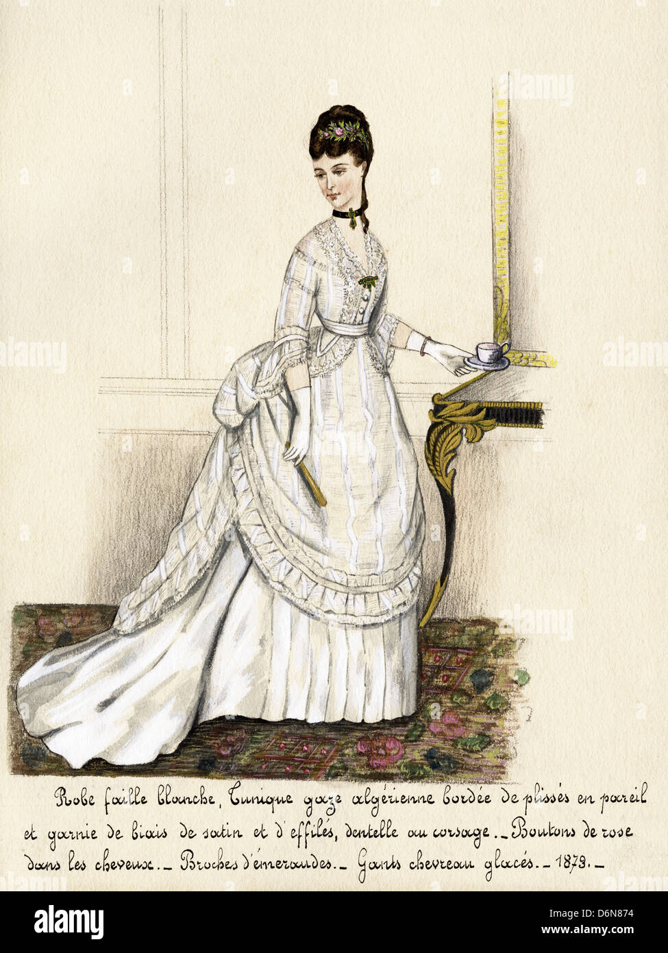 French fashion from the Victorian era dated 1873. Original watercolour painting with description of design in French language artist unknown Stock Photo