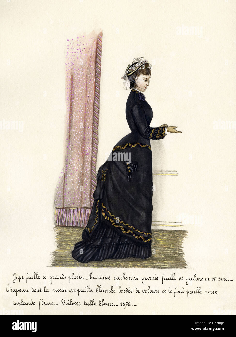 French fashion from the Victorian era dated 1876. Original watercolour painting with description of design in French language artist unknown Stock Photo