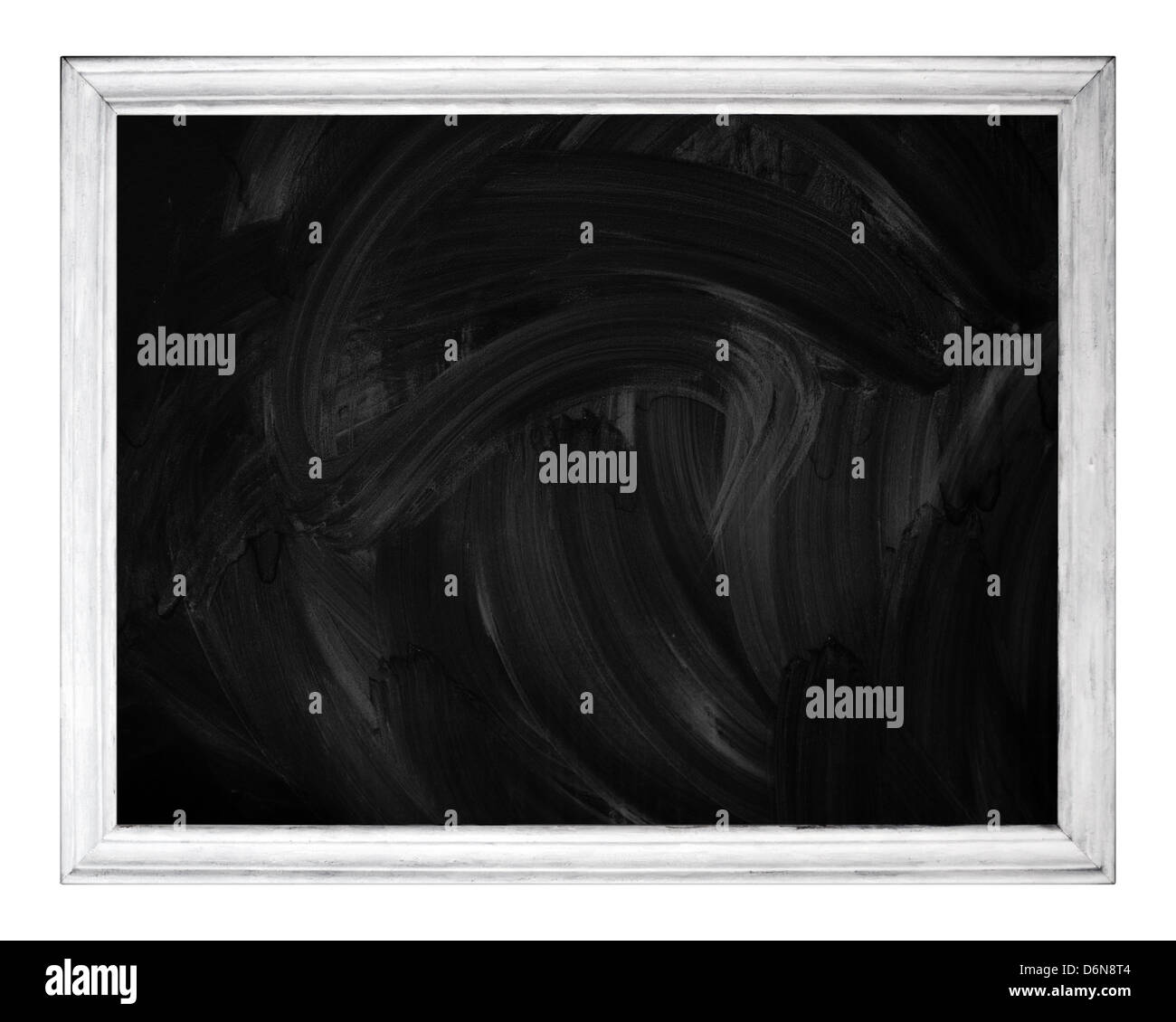 Black empty chalkboard in white wooden frame isolated on white Stock Photo