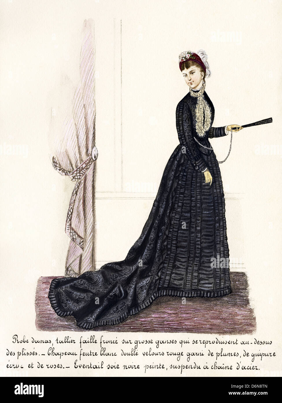 French fashion from the Victorian era circa 1870s. Original watercolour painting with description of design in French language artist unknown Stock Photo