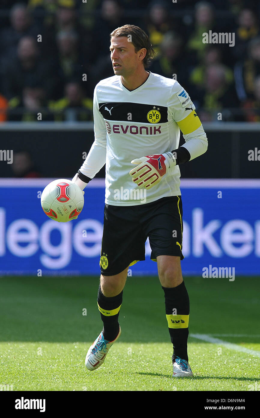 Dortmund Germany th April 13 Dortmund S Goalkeeper Roman Weidenfeller Controls The Ball During The Bundesliga Soccer Match Between Borussia Dortmund And Fsv Mainz 05 At The Signal Iduna Park Soccer Stadium In
