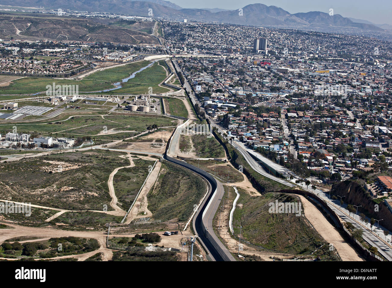Aerial view of the border fence separating San Diego and Tijuana February 17, 2012 in San Diego, CA Stock Photo