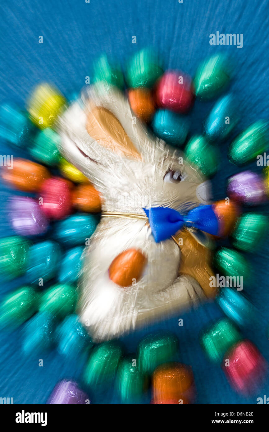 Berlin, Germany, Easter Bunny and Easter eggs made of chocolate Stock Photo