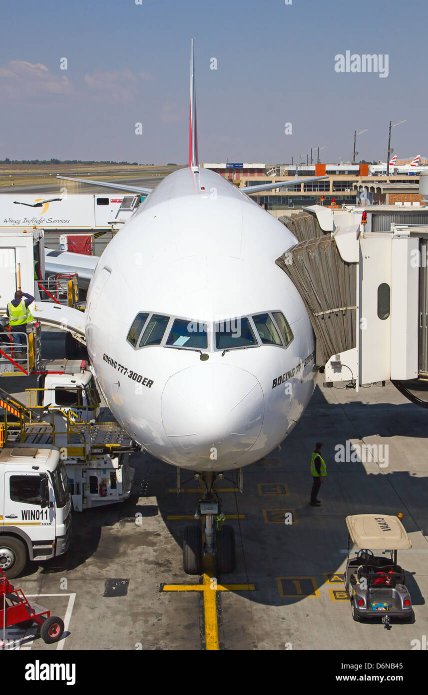 JOHANNESBURG APRIL 18Boeing B777 disembarking passengers after