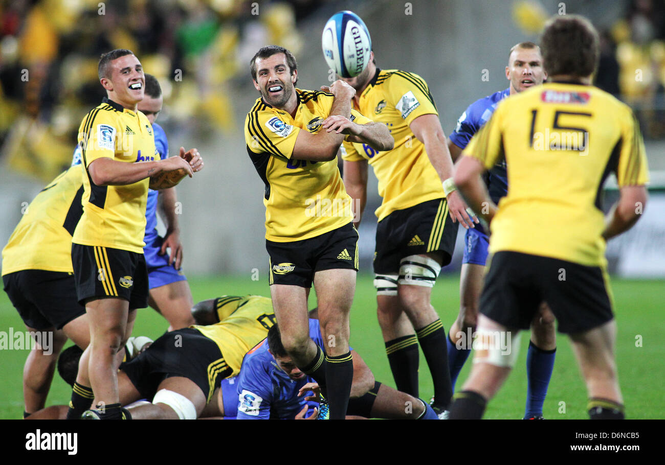 19.04.2013. Wellington, New Zealand. Hurricanes' Conrad Smith with the