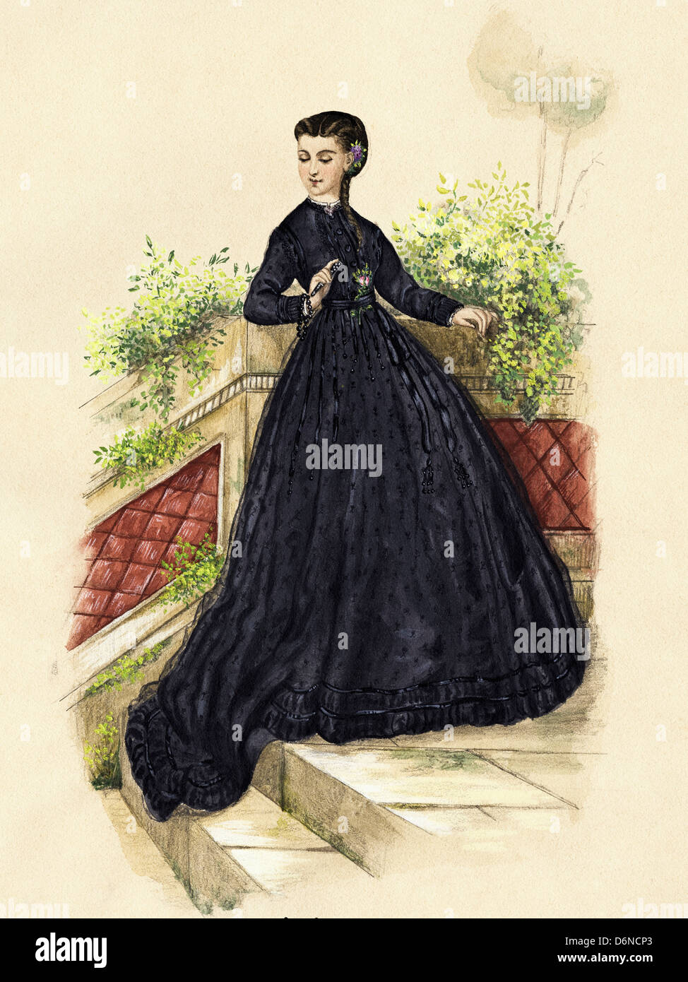 French fashion from the Victorian era dated 1867. Original watercolour painting artist unknown Stock Photo