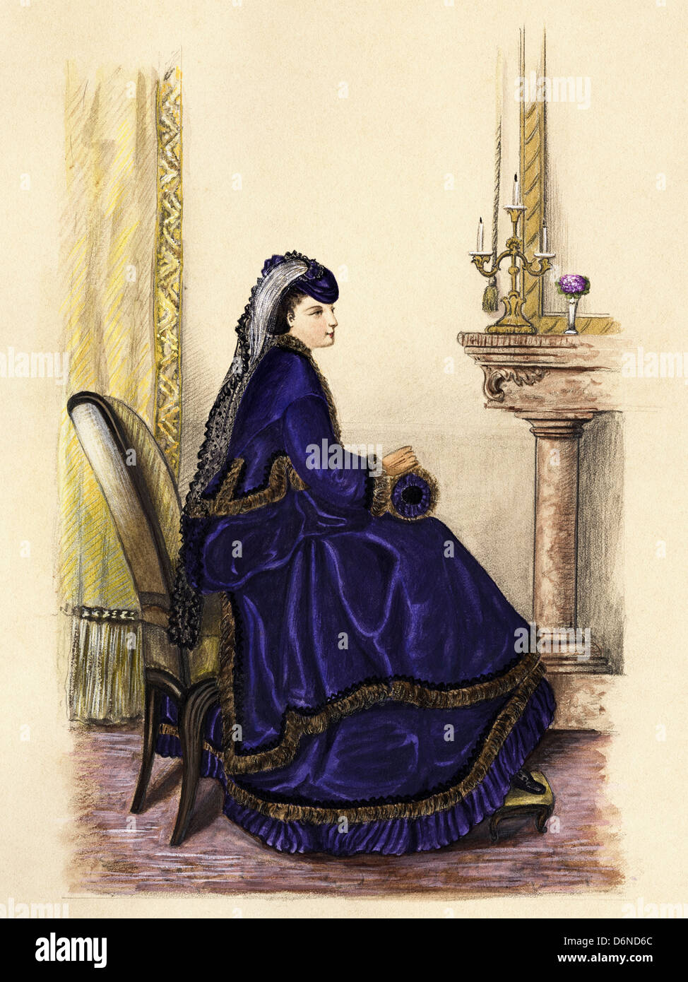 French fashion from the Victorian era dated 1869. Original watercolour painting artist unknown Stock Photo