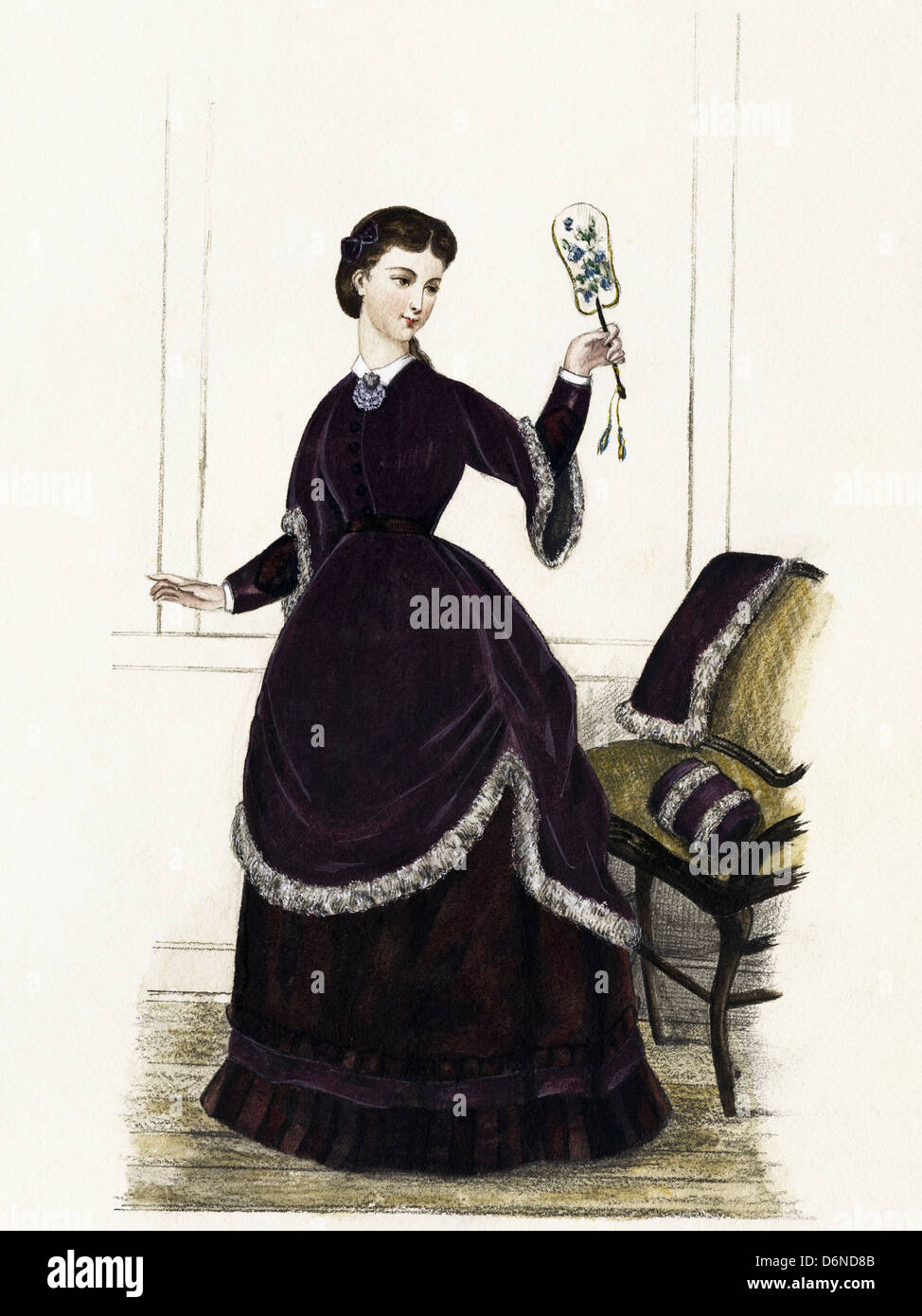 French fashion from the Victorian era dated 1870. Original watercolour painting artist unknown Stock Photo