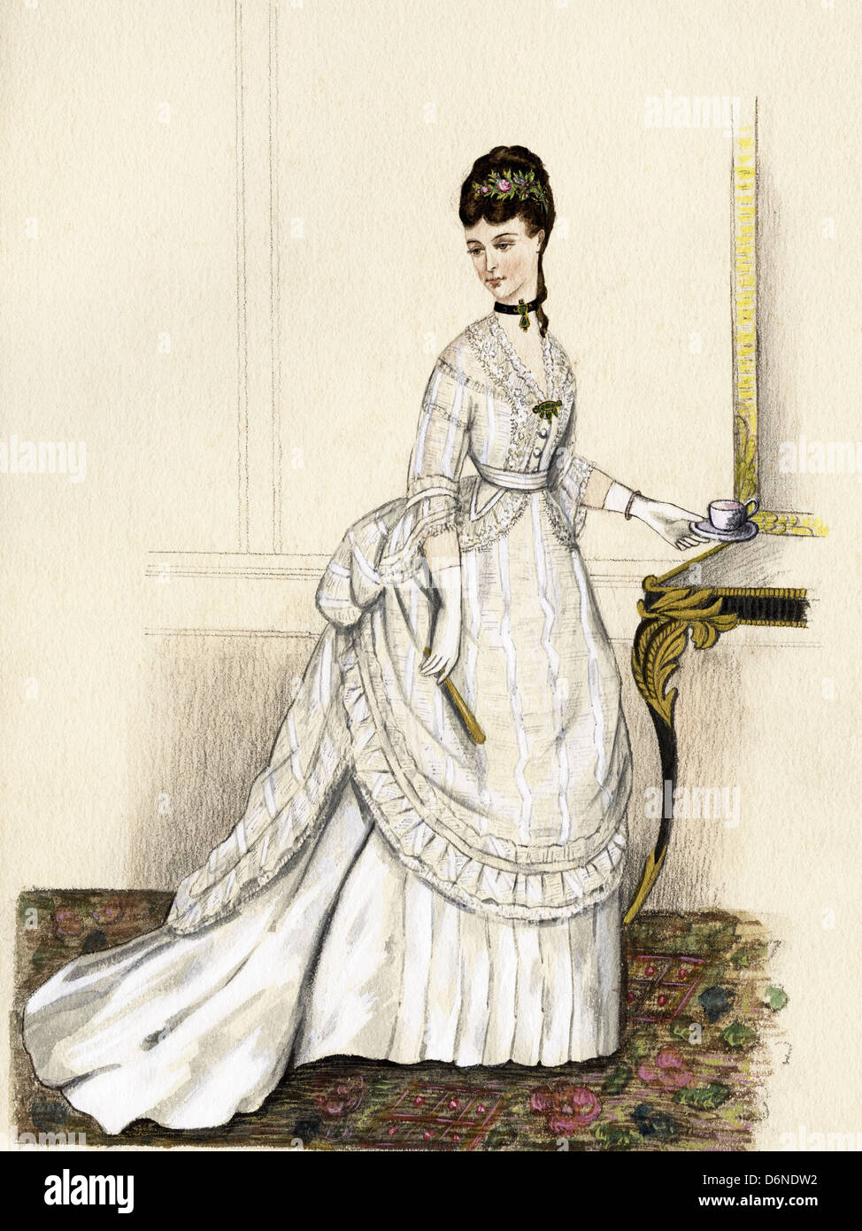 French fashion from the Victorian era dated 1873. Original watercolour painting artist unknown Stock Photo