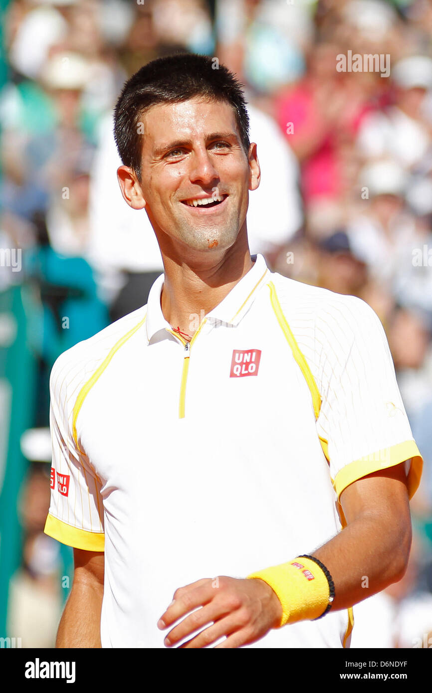 MONTE CARLO, MONACO - APRIL 21: Novak Djokovic of Serbia reacts after winning the final match of the ATP Monte Carlo Masters, at Monte-Carlo Sporting Club on April 21, 2013 in Monte-Carlo, Monaco. (Photo by Mitchell Gunn/ESPA) Stock Photo