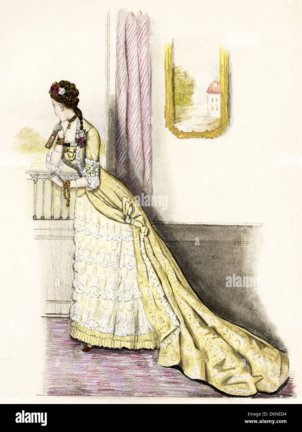 French fashion from the Victorian era dated 1877. Original watercolour painting artist unknown Stock Photo