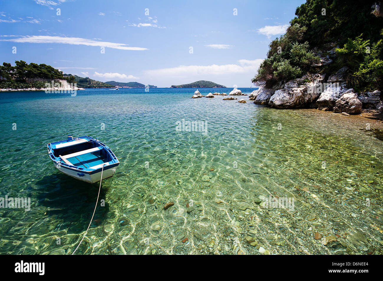 Moored boat near the beautiful cove, clear water Stock Photo - Alamy