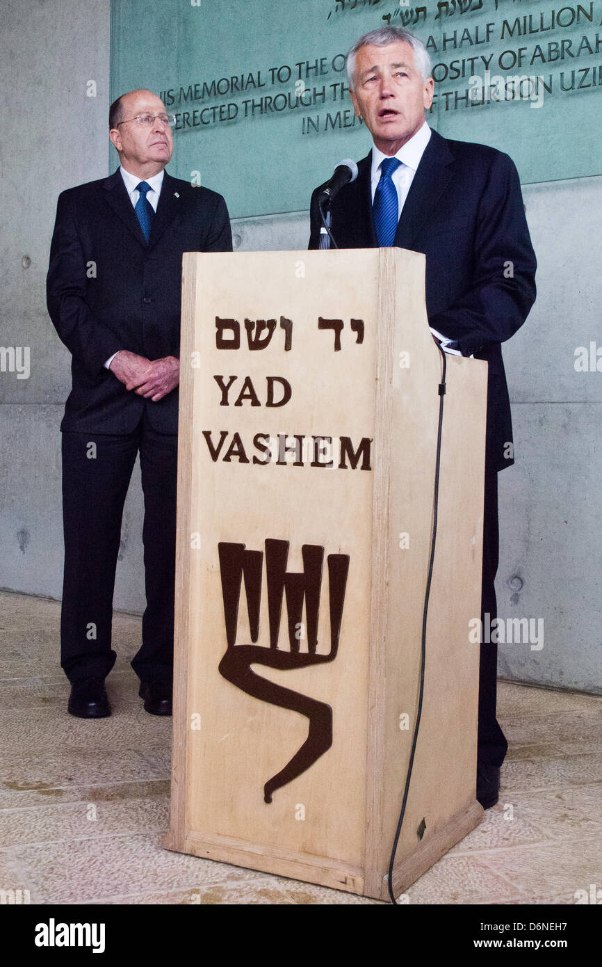 US Defense Secretary Chuck Hagel (R) addresses the press as Israeli Defense Mionister Bogie Yaalon (L) stands by, concluding a visit to Yad Vashem Holocaust Museum. Jerusalem, Israel. 21-April-2013.  US Defense Secretary Charles Timothy Chuck Hagel on first visit to Israel as Pentagon Chief visits Yad Vashem Holocaust Museum. Hagel's visit comes one month after Pres. Obama was in Jerusalem to reassure Israelis of a US commitment to their security. Stock Photo