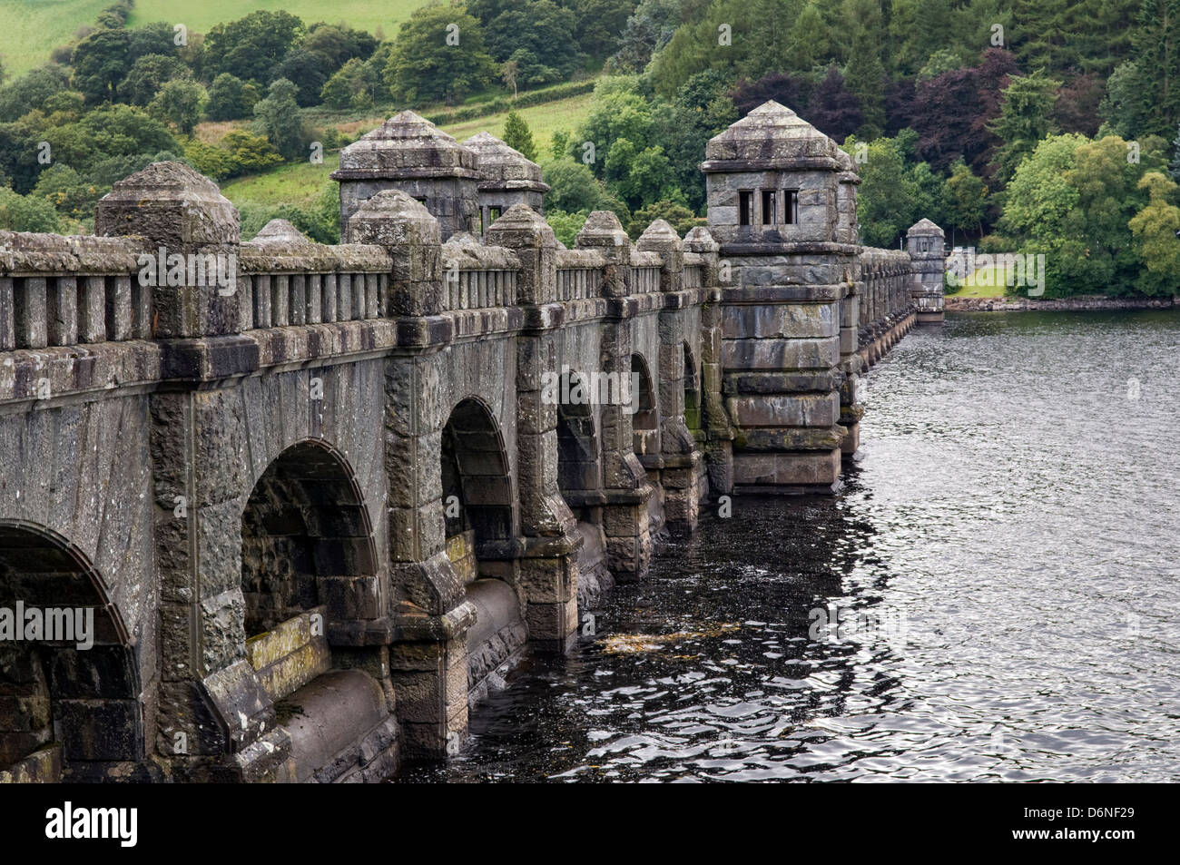 Road bridge and dam across Lake Vyrnwy Dam, Powys, mid Wales, UK Stock Photo