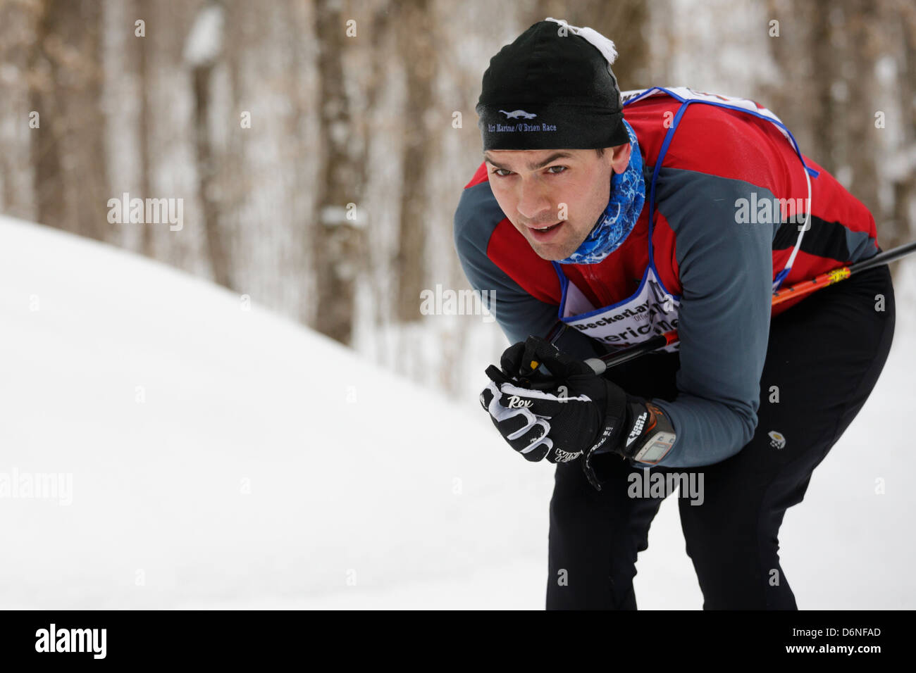A classic style cross country skier tucks going down a hill during the American Birkebeiner in Northern Wisconsin. Stock Photo