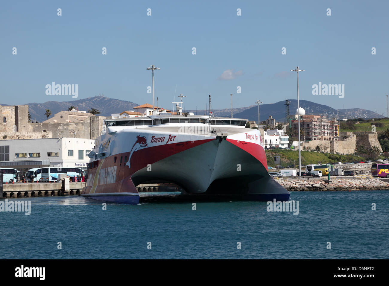 Fast ferry ship in the port of Tarifa. Andalusia, Spain Stock Photo