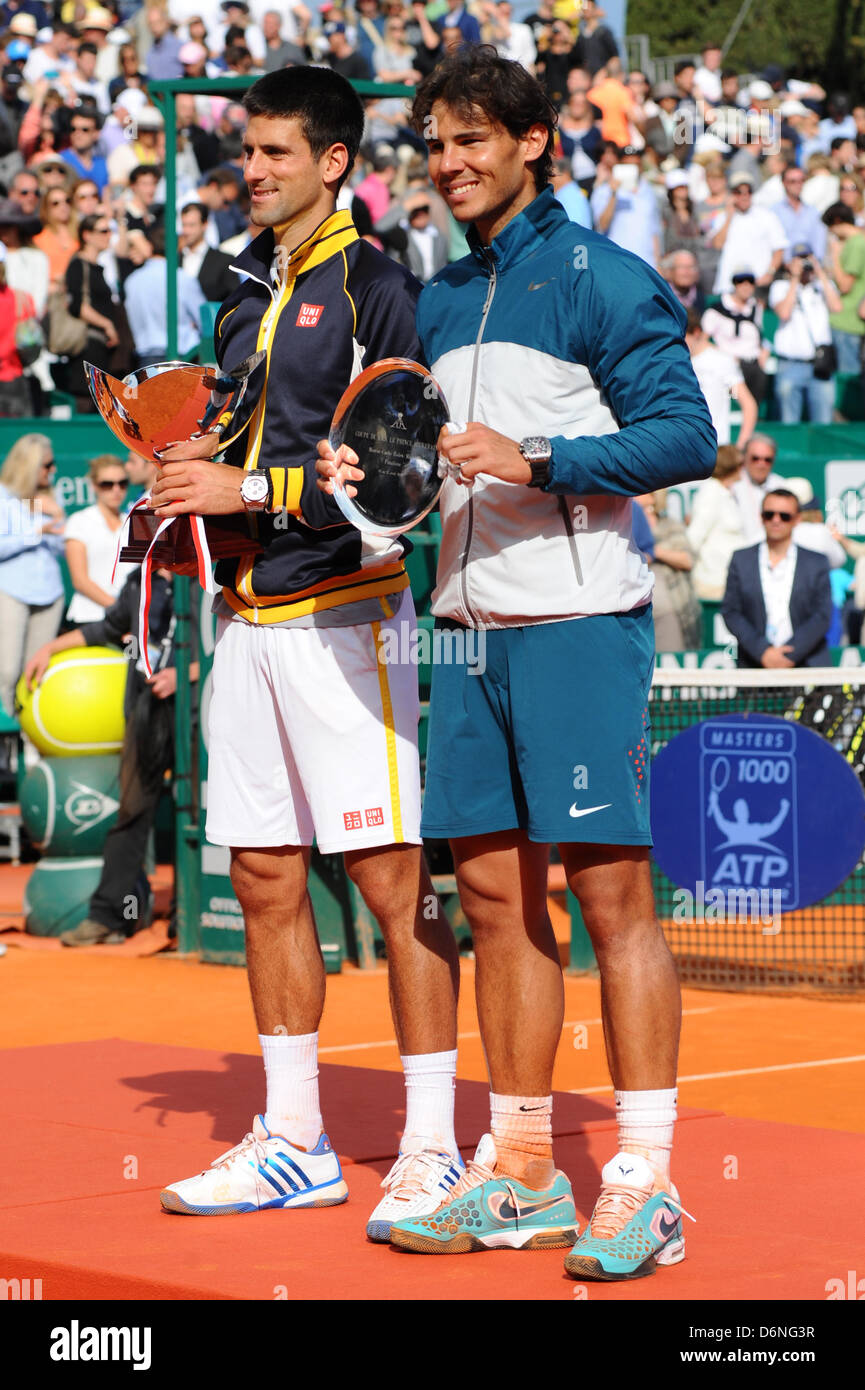 Monte Carlo, Monaco. 21st April, 2013. Rafael Nadal and Novak Djokovic with  their trophies after the ATP Monte Carlo Rolex Masters from the Monte Carlo  Country Club. Djokovic ended Nadal's unbeaten run