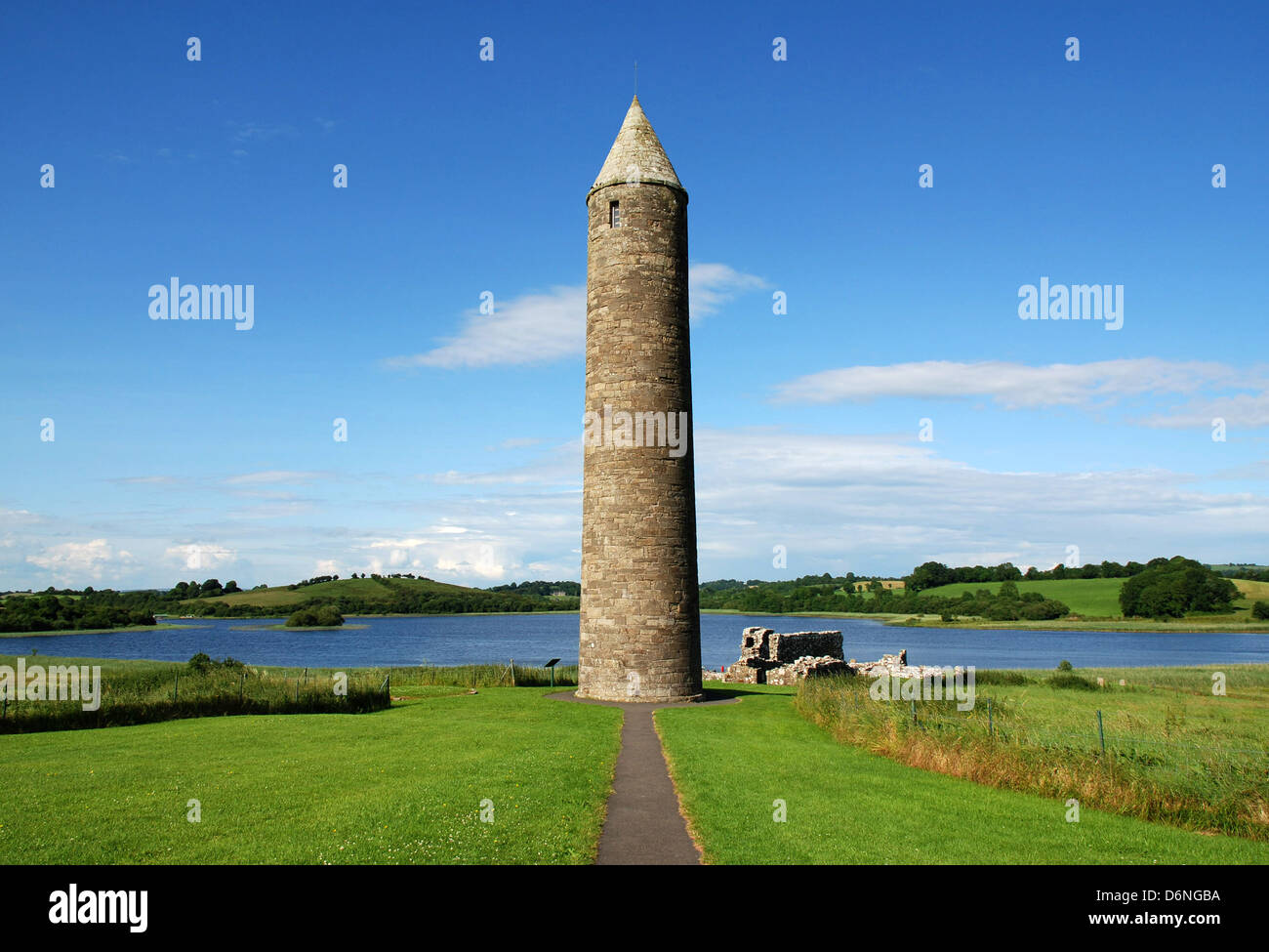 Devenish Island, Monastic Site, Round Tower, Lower Lough Erne, Northern Ireland, County Fermanagh Stock Photo