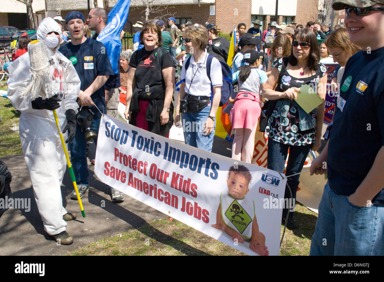 Toxic Imports banner to protect our kids and save American jobs. MayDay Parade and Festival Minneapolis Minnesota MN USA Stock Photo