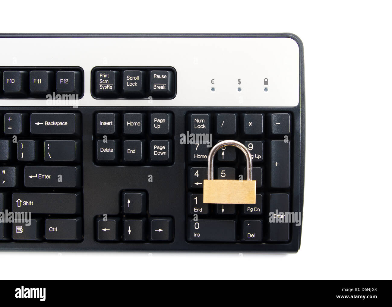 Computer keyboard with padlock for secure transactions against white