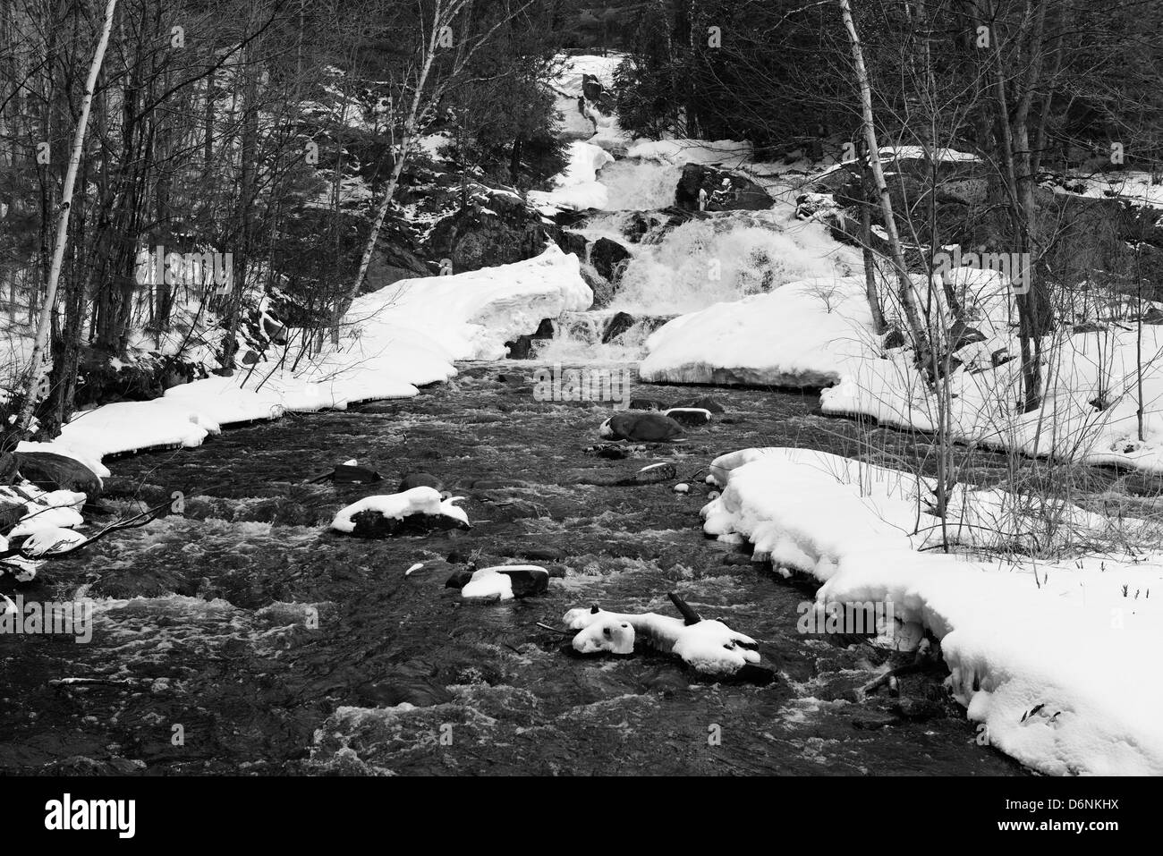 West Duchesnay Falls and River after a Spring snowfall in North Bay Stock Photo