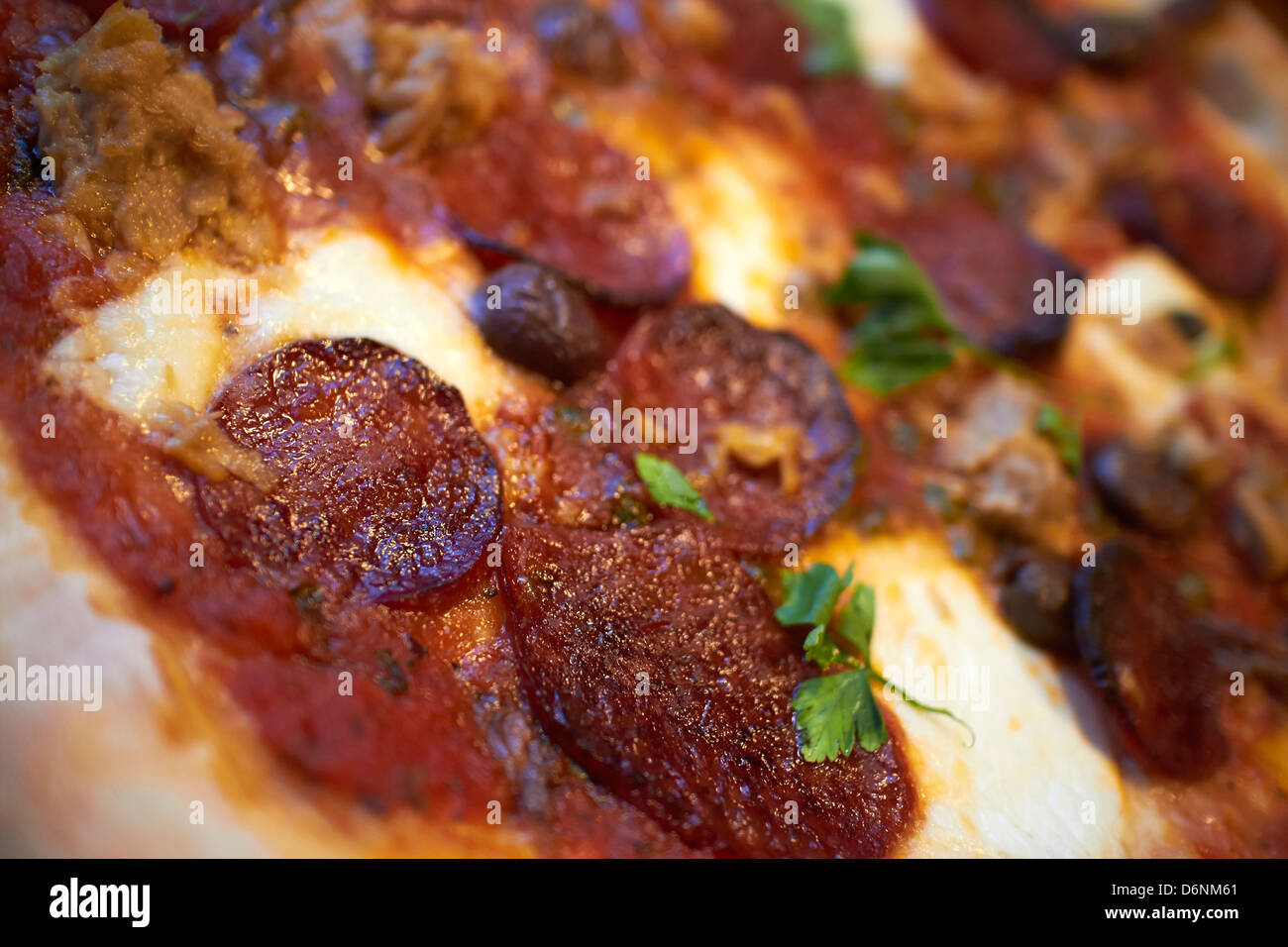 Close up of a Pepperoni pizza topped with pepperoni sausage and